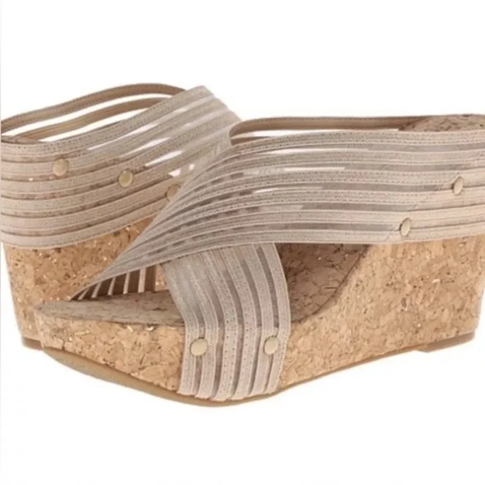 Lucky Brand Miller Cork Wedge Platform Criss Cross Gold Straps Slide Sandals
